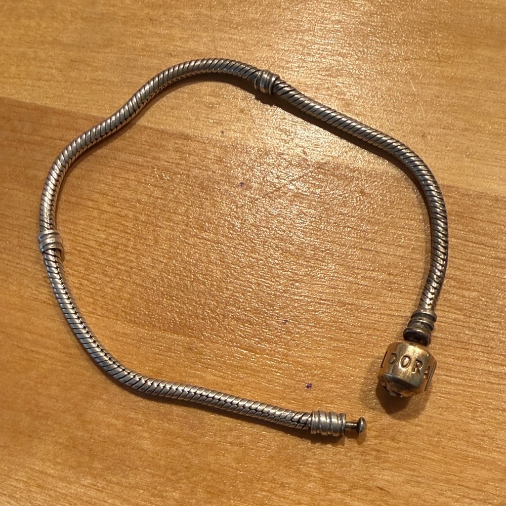 Pandora Two-Tone Silver Snake Chain Bracelet with Gold Logo Bead